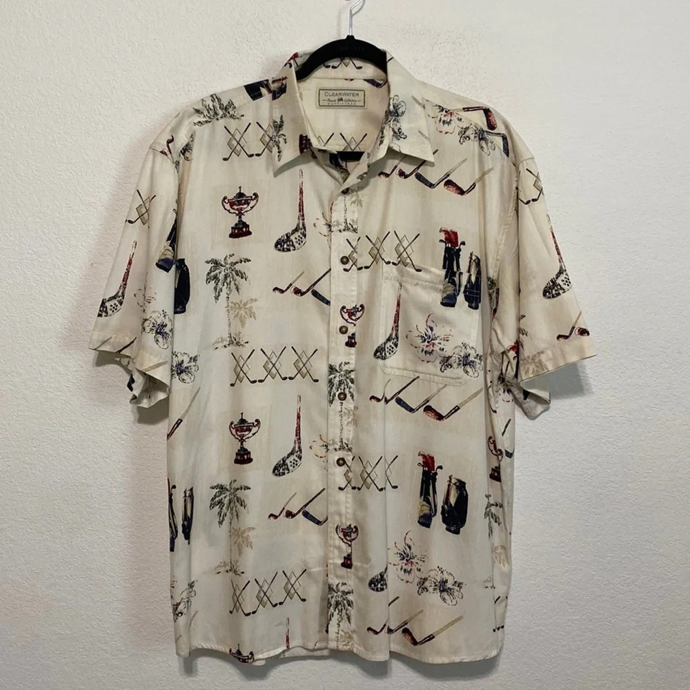 Clearwater Cream Hawaiian Vacation Short Sleeve Golf Button Down Shirt Size XL